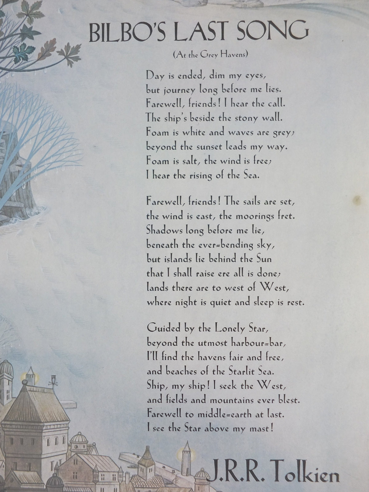1979 Pauline Baynes Bilbo's Last Song Poster, J.R.R. Tolkien, Lord of the Rings, The Hobbit, Gray Havens, fantasy wall art decor
