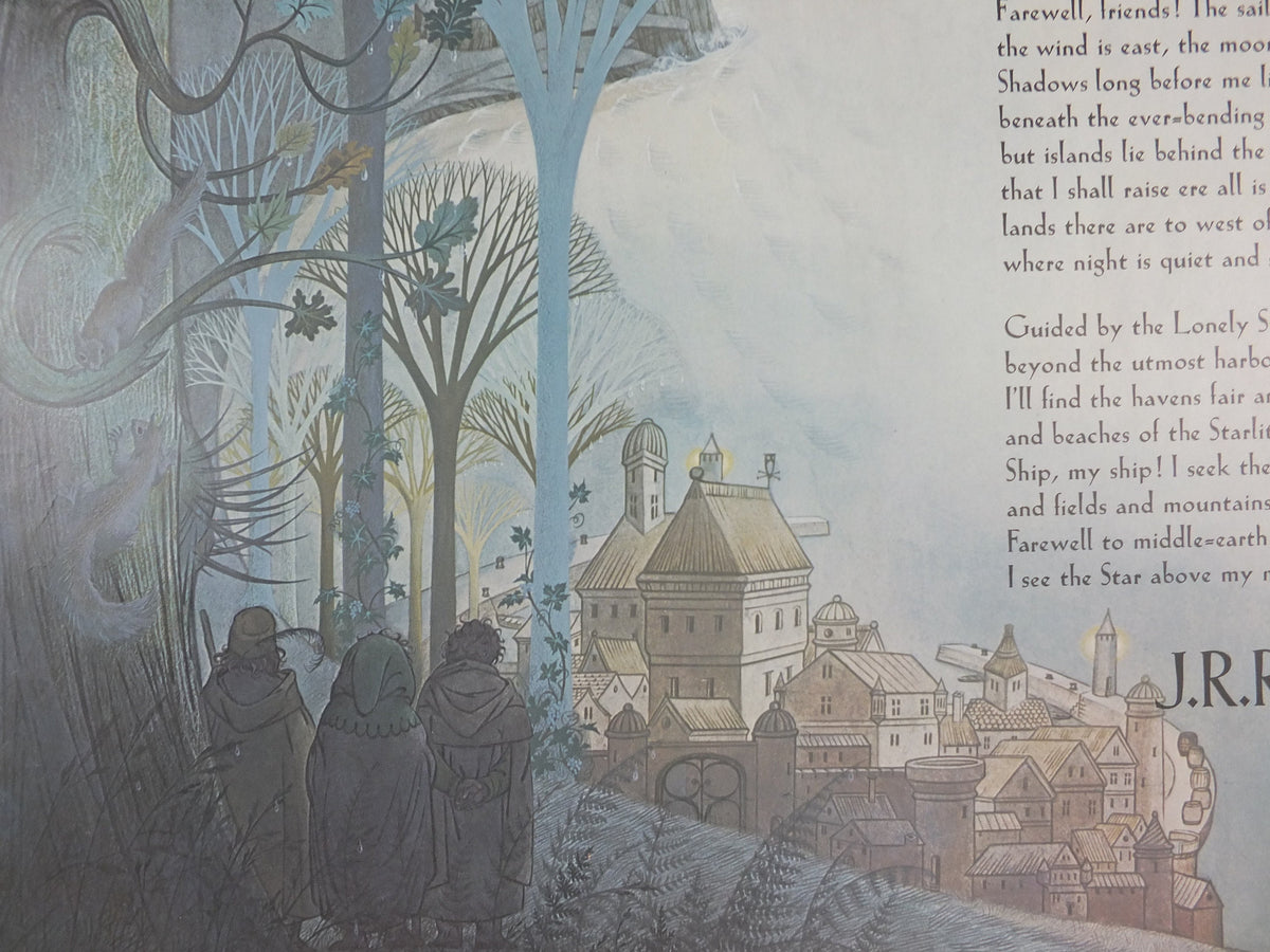 1979 Pauline Baynes Bilbo's Last Song Poster, J.R.R. Tolkien, Lord of the Rings, The Hobbit, Gray Havens, fantasy wall art decor