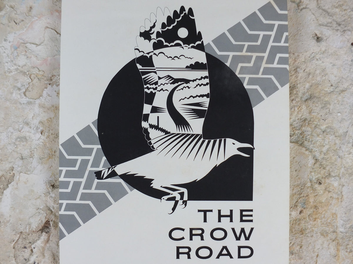 1992 Iain Banks Poster, The Crow Road, "Death, sex, drink, God and illegal substances", monochrome, wall art retro decor