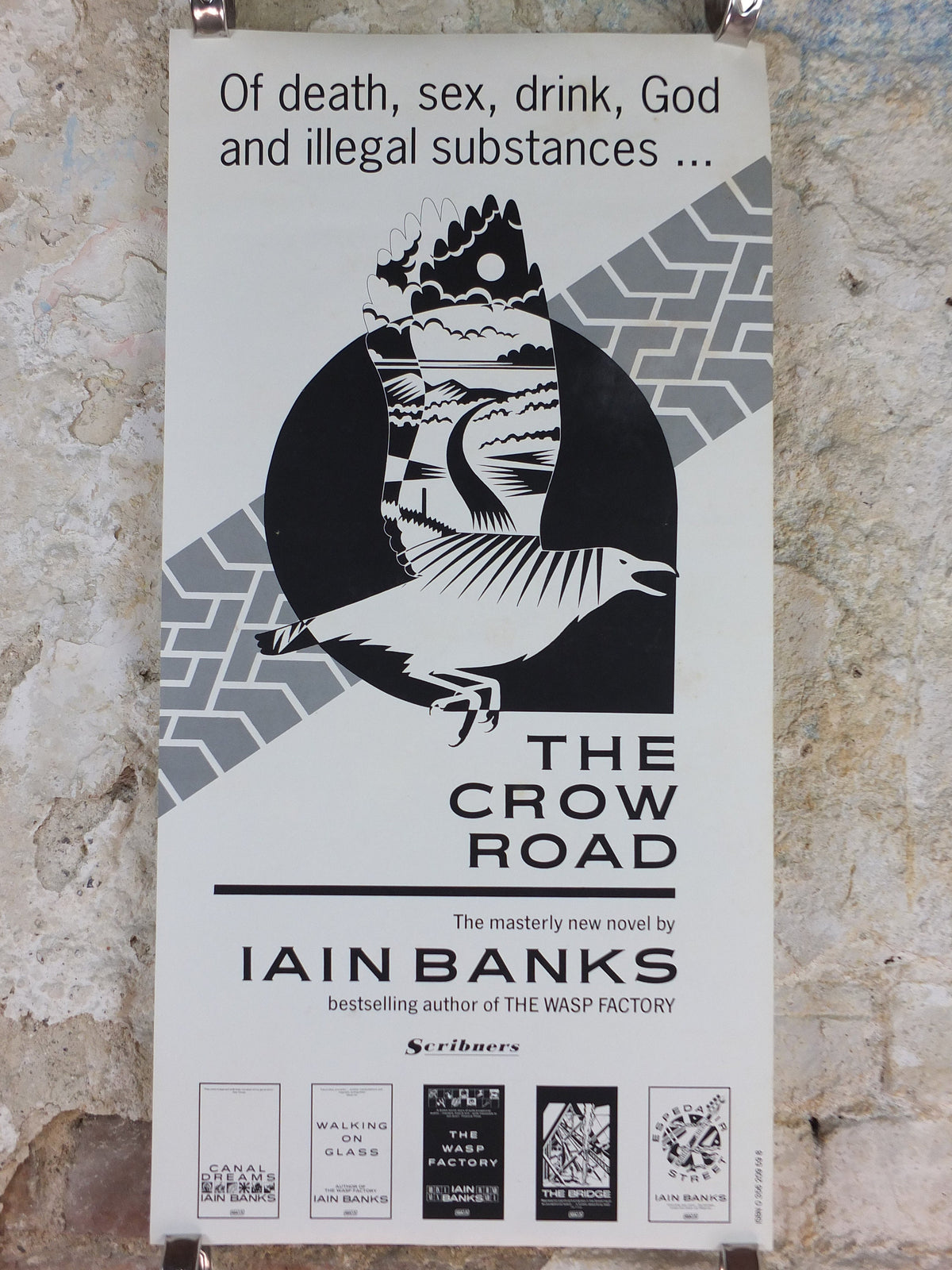 1992 Iain Banks Poster, The Crow Road, "Death, sex, drink, God and illegal substances", monochrome, wall art retro decor