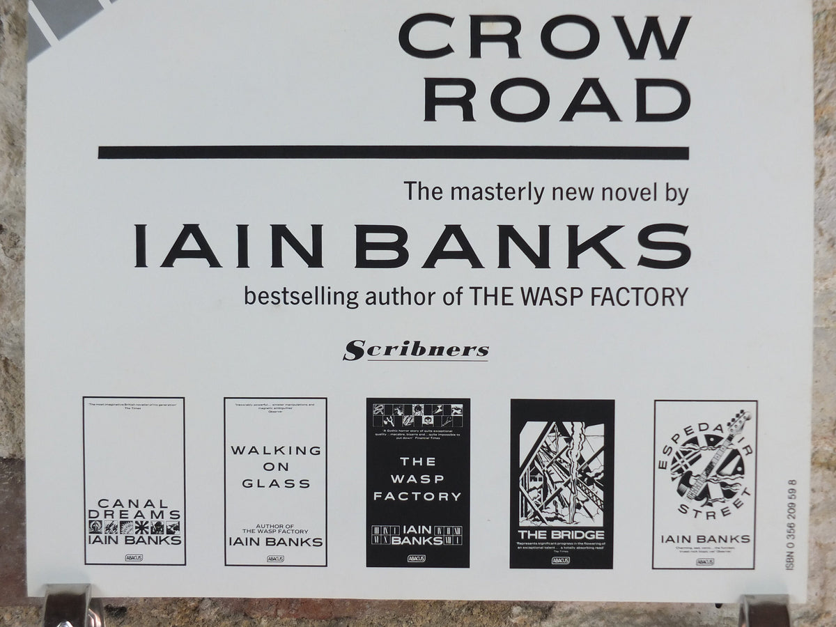 1992 Iain Banks Poster, The Crow Road, "Death, sex, drink, God and illegal substances", monochrome, wall art retro decor