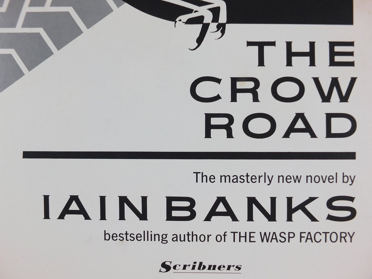 1992 Iain Banks Poster, The Crow Road, "Death, sex, drink, God and illegal substances", monochrome, wall art retro decor