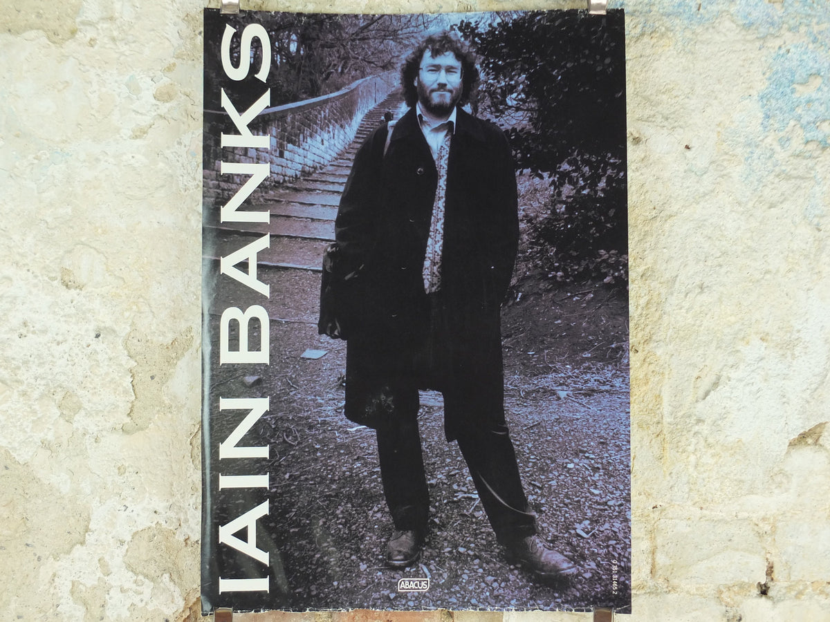 1995 Iain Banks Poster, a portrait of the author promoting Whit, Isis amongst the unsaved, monochrome, wall art retro decor