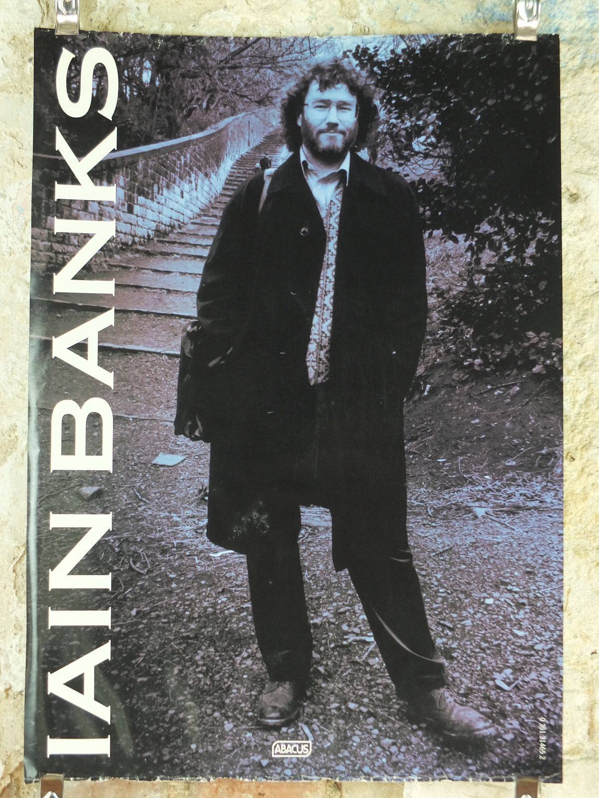 1995 Iain Banks Poster, a portrait of the author promoting Whit, Isis amongst the unsaved, monochrome, wall art retro decor