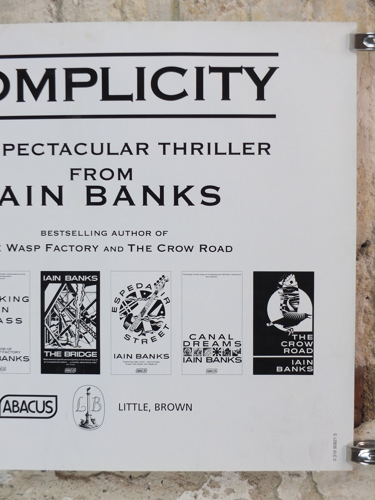 1993 Iain Banks Poster, Complicity, "Greed, corruption, conspiracy and the morality of violence". monochrome, wall art retro decor