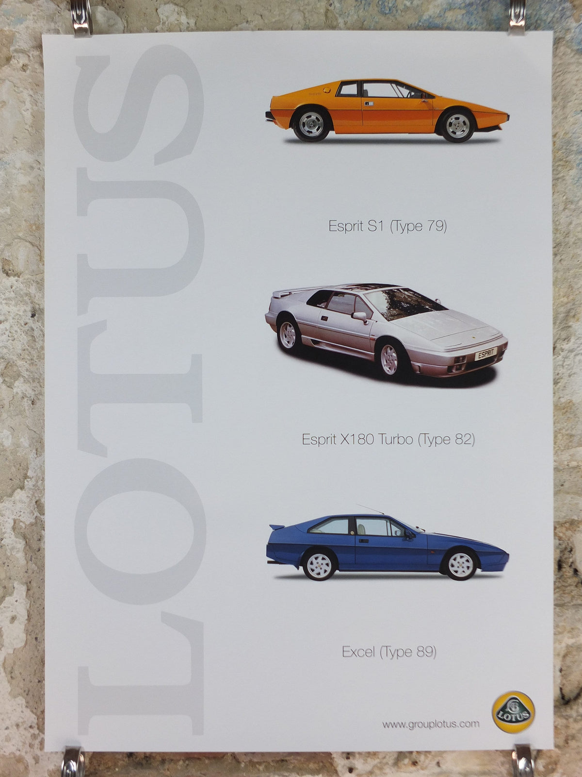 2000s Lotus Poster, showing sports cars Esprit S1, Esprit X80 Turbo S1, Excel S2 hung in dealer showroom, Group Lotus sports, wall art decor