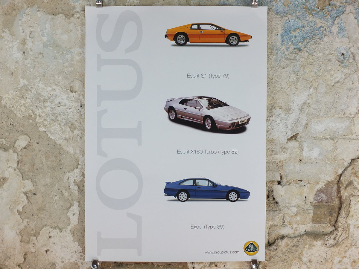 2000s Lotus Poster, showing sports cars Esprit S1, Esprit X80 Turbo S1, Excel hung in dealer showroom, Group Lotus sports, wall art decor
