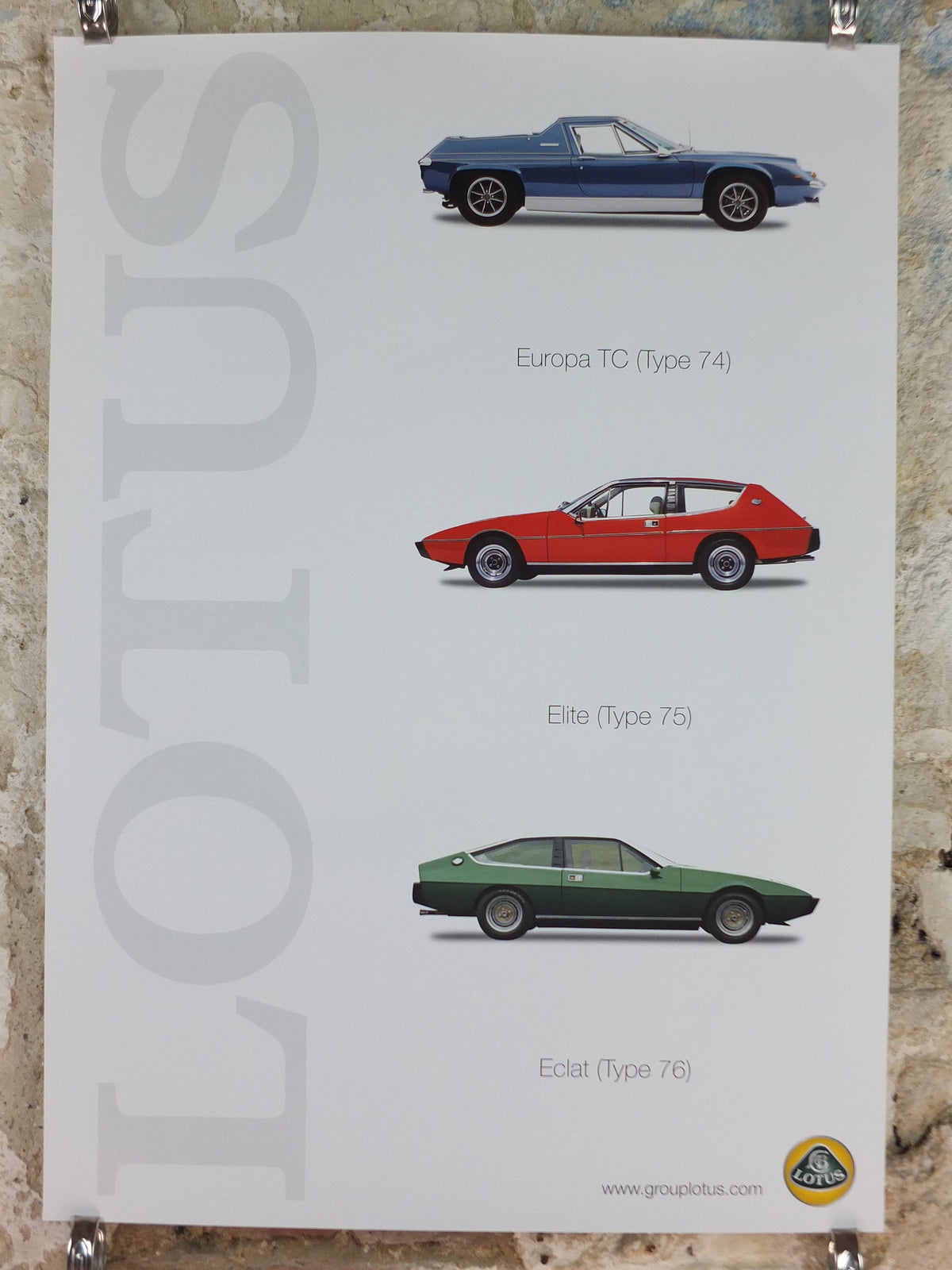 2000s Lotus Poster, showing sports cars Europa TC, Elite, Eclat hung in dealer showroom, Group Lotus sports, wall art decor