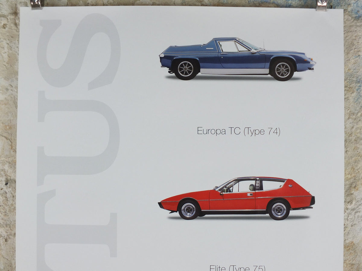 2000s Lotus Poster, showing sports cars Europa TC, Elite, Eclat hung in dealer showroom, Group Lotus sports, wall art decor