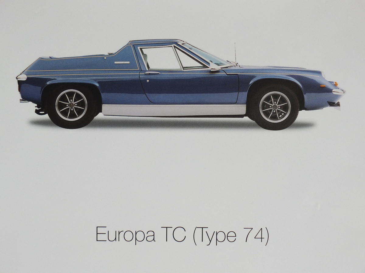 2000s Lotus Poster, showing sports cars Europa TC, Elite, Eclat hung in dealer showroom, Group Lotus sports, wall art decor
