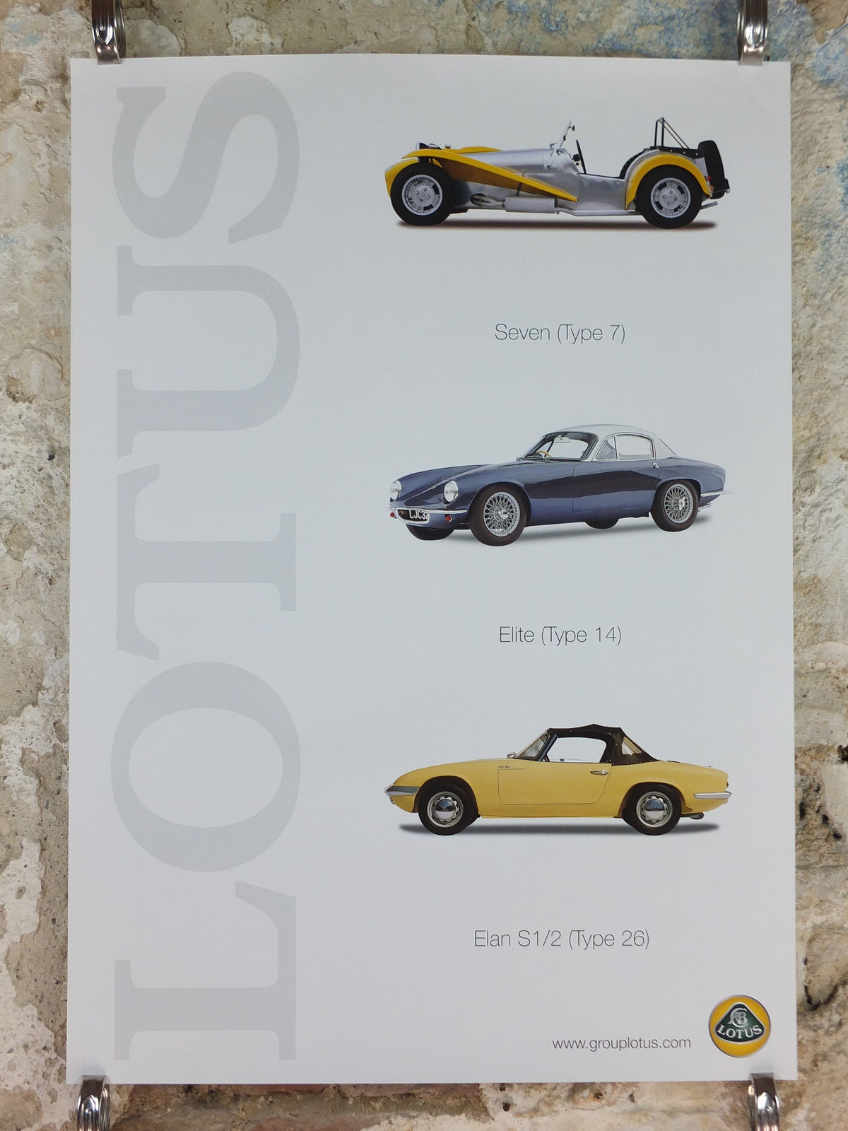 2000s Lotus Poster, showing sports cars Seven, Elite, Elan S1/2 hung in dealer showroom, Group Lotus sports, wall art decor