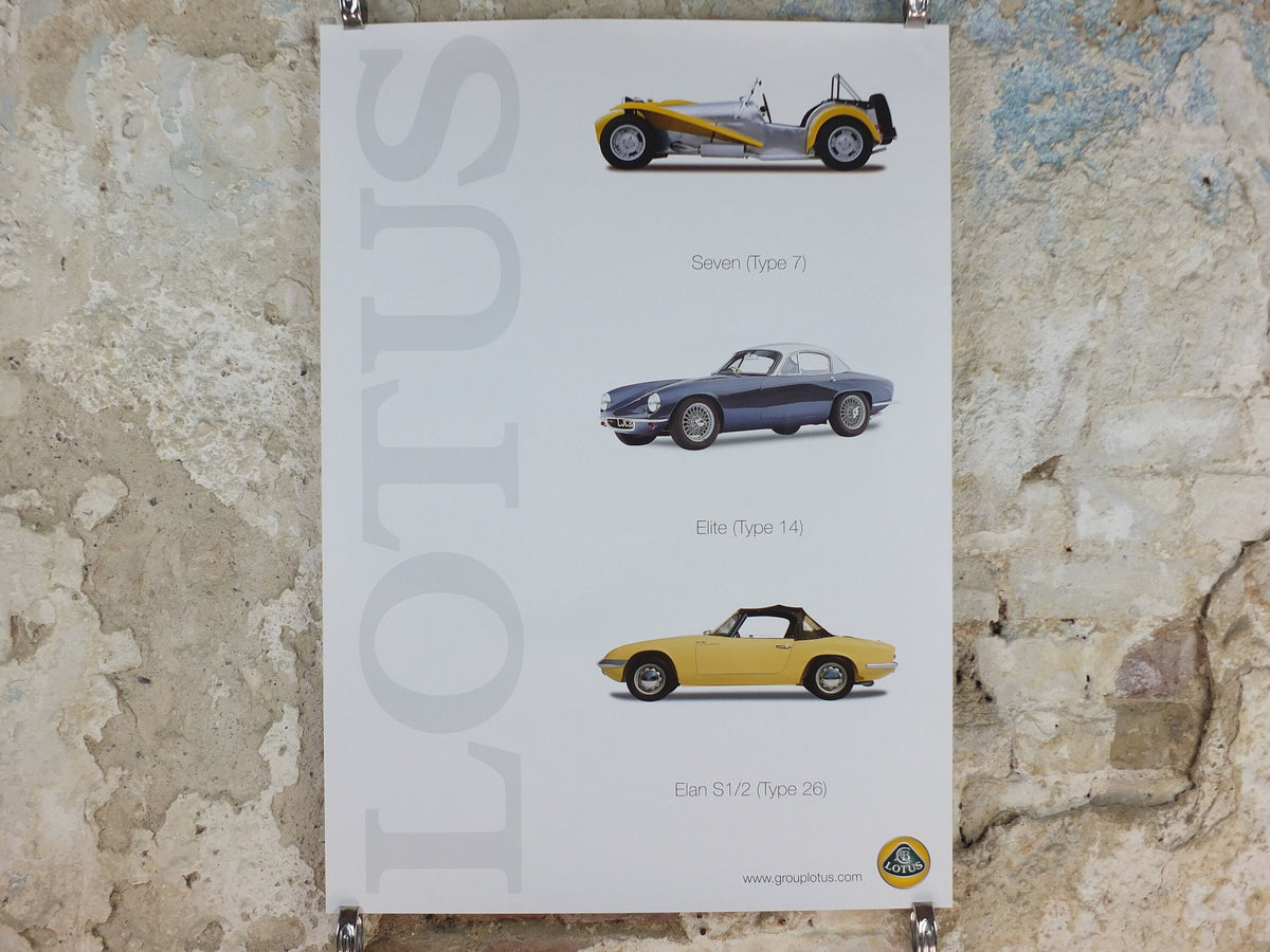 2000s Lotus Poster, showing sports cars Seven, Elite, Elan S1/2 hung in dealer showroom, Group Lotus sports, wall art decor