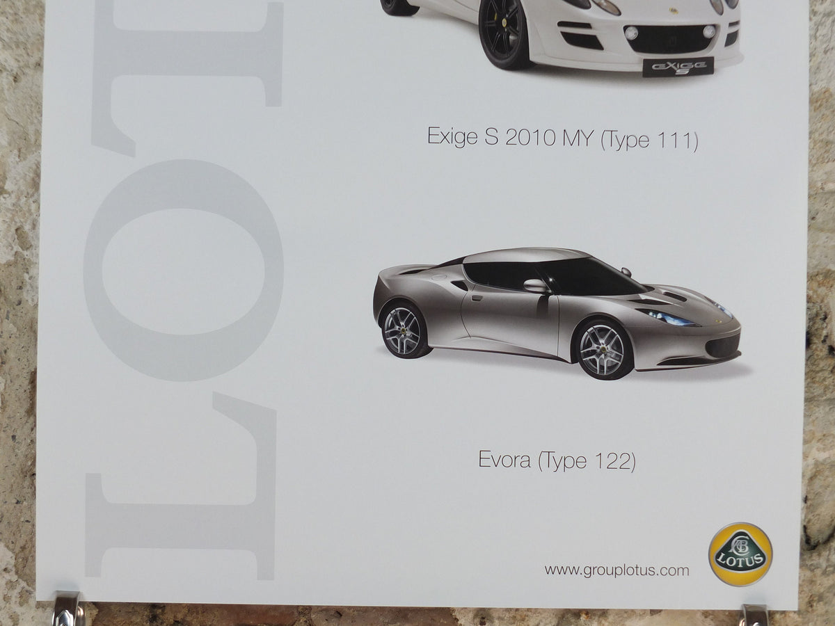2000s Lotus Poster, showing the sports cars 2 Eleven, Exige S 2010 MY, Evora hung in dealer showroom, Group Lotus sports, wall art decor