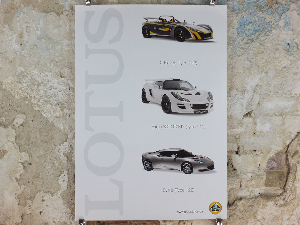 2000s Lotus Poster, showing the sports cars 2 Eleven, Exige S 2010 MY, Evora hung in dealer showroom, Group Lotus sports, wall art decor