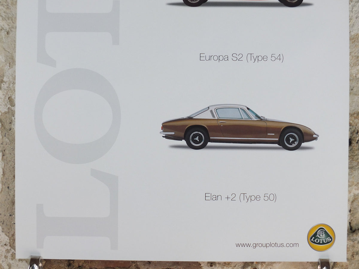 2000s Lotus Poster, showing sports cars Elan Coupe, Europa S2, Elan +2, hung in dealer showroom, Group Lotus sports, wall art decor