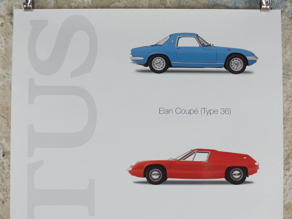 2000s Lotus Poster, showing sports cars Elan Coupe, Europa S2, Elan +2, hung in dealer showroom, Group Lotus sports, wall art decor