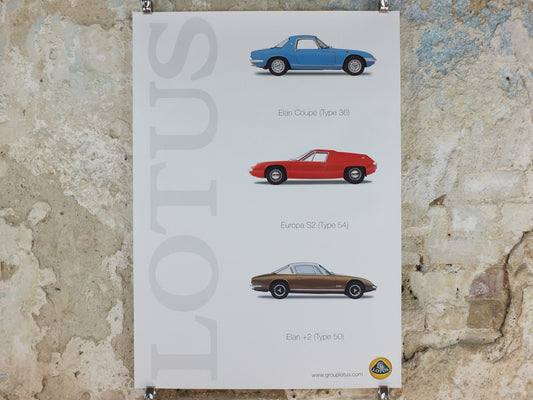 2000s Lotus Poster, showing sports cars Elan Coupe, Europa S2, Elan +2, hung in dealer showroom, Group Lotus sports, wall art decor