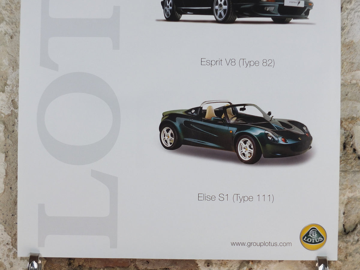 2000s Lotus Poster, showing the sports cars Elan M100, Esprit V8, Elise S1 hung in dealer showroom, Group Lotus sports, wall art decor