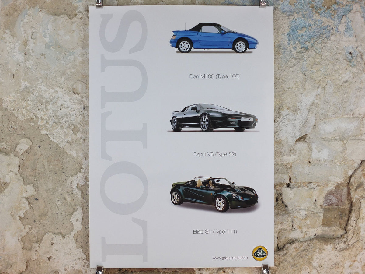 2000s Lotus Poster, showing the sports cars Elan M100, Esprit V8, Elise S1 hung in dealer showroom, Group Lotus sports, wall art decor