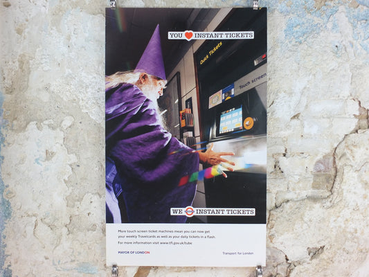 2003 Tube London Underground Poster, Wizard with an Oyster card, authentic London history, travel history, wall art decora