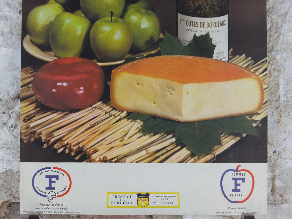 1960s Cheeses of France Poster, Baby Gouda, "Fromages de France", cheesemaking, viticulture, kitchenalia wall art decor