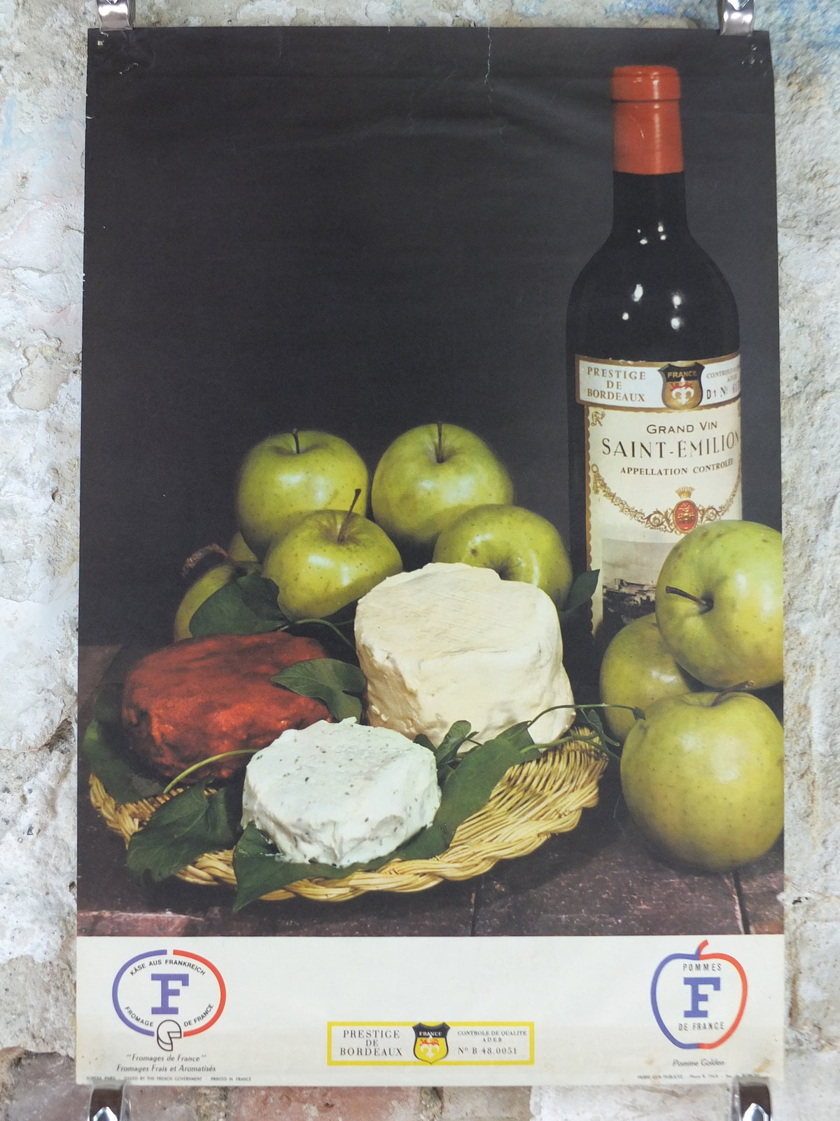 1960s Cheeses of France Poster, soft cheeses with apples, "Fromages de France", cheesemaking, viticulture, kitchenalia wall art decor