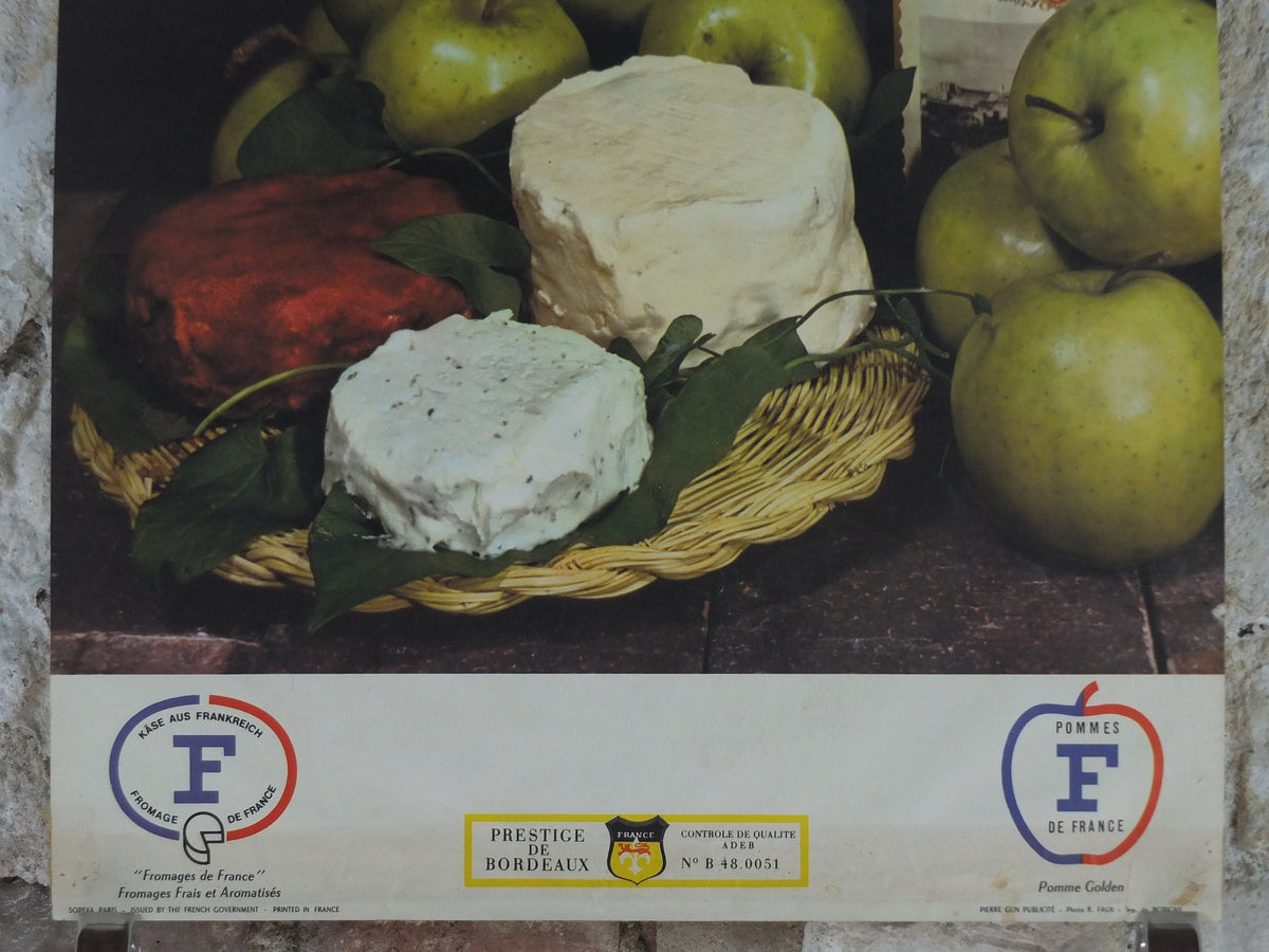 1960s Cheeses of France Poster, soft cheeses with apples, "Fromages de France", cheesemaking, viticulture, kitchenalia wall art decor