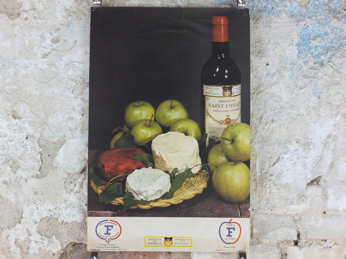 1960s Cheeses of France Poster, soft cheeses with apples, "Fromages de France", cheesemaking, viticulture, kitchenalia wall art decor