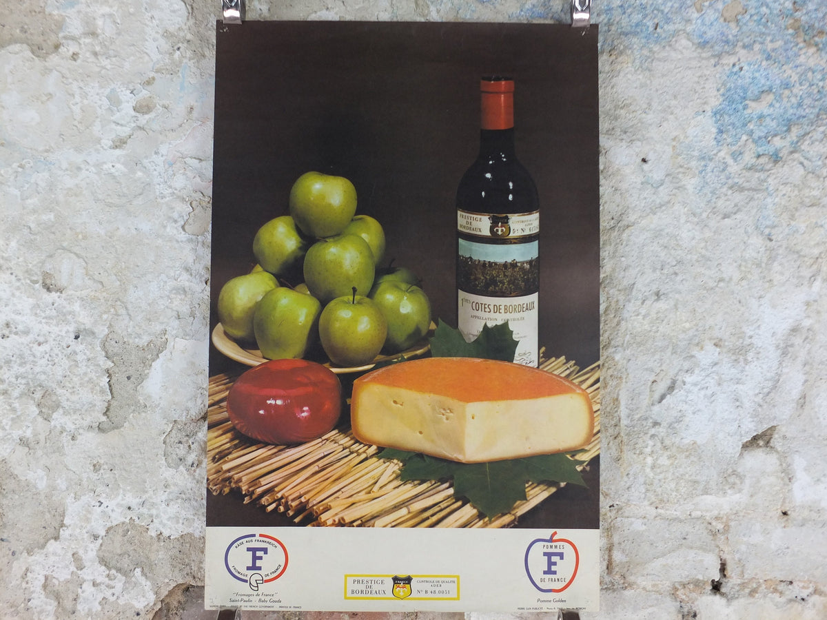 1960s Cheeses of France Poster, Baby Gouda, "Fromages de France", cheesemaking, viticulture, kitchenalia wall art decor