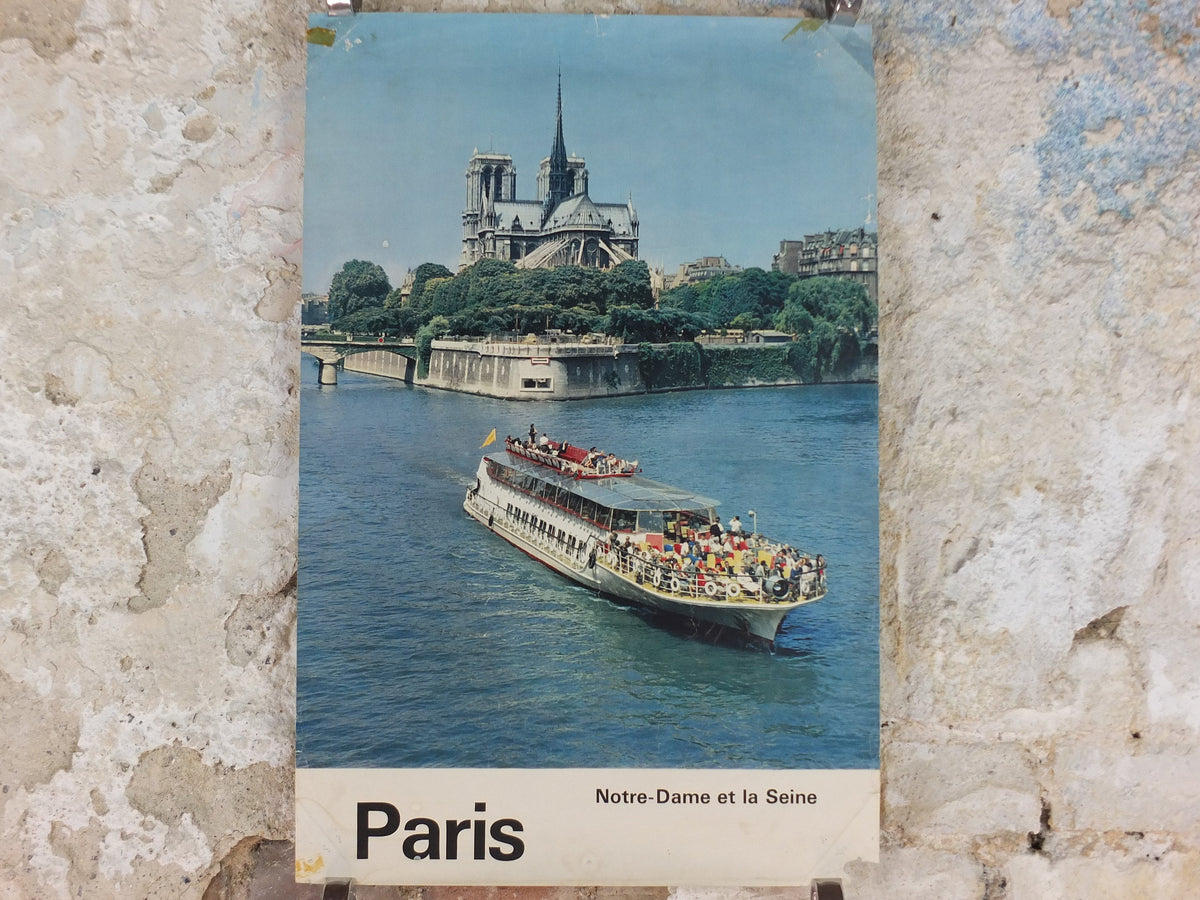 1960s Notre Dame Paris Poster, on the River Seine, France, travel wall art decor