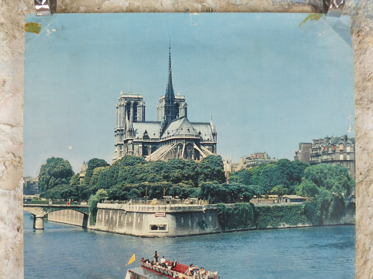 1960s Notre Dame Paris Poster, on the River Seine, France, travel wall art decor