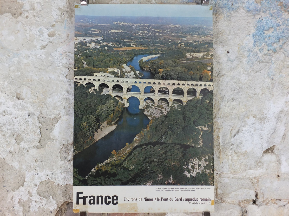 1960s Pont du Gard Nimes Poster, Roman Aqueduct, France, travel wall art decor