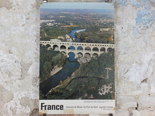 1960s Pont du Gard Nimes Poster, Roman Aqueduct, France, travel wall art decor