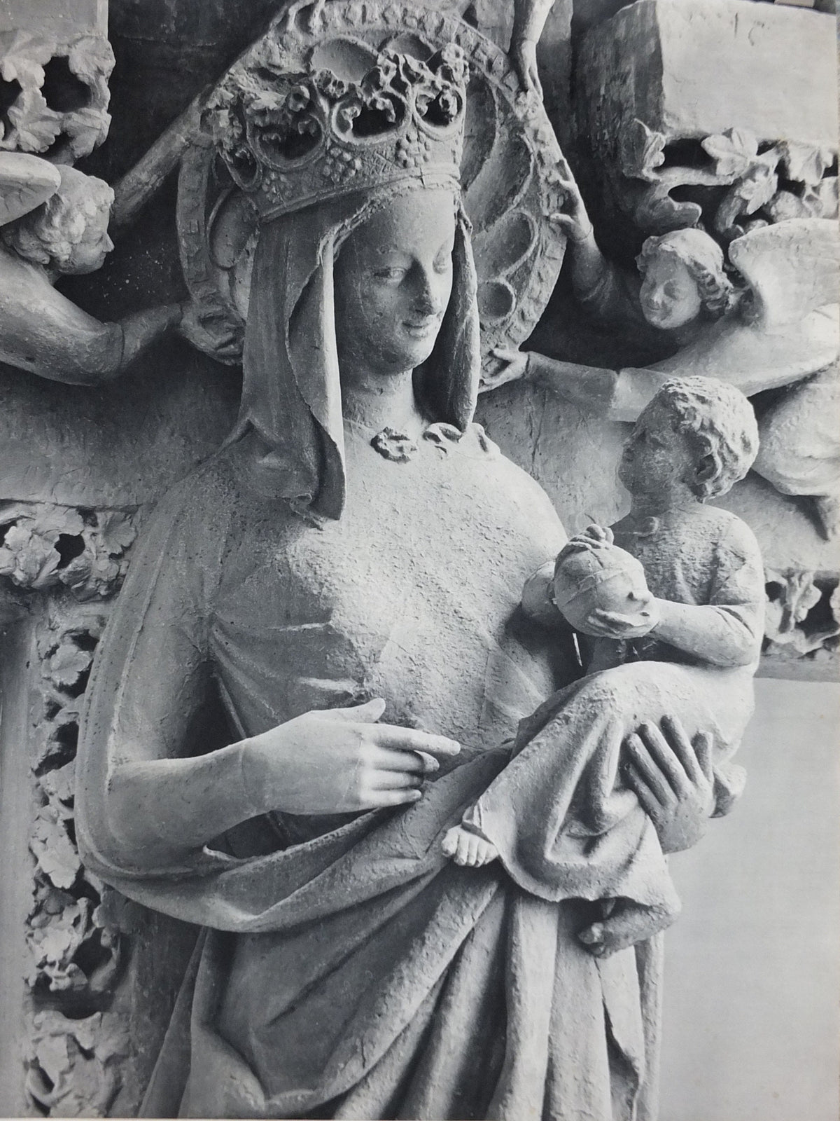 1960s Amiens Cathedral Poster, Mary and baby Jesus statue, France, travel wall art decor
