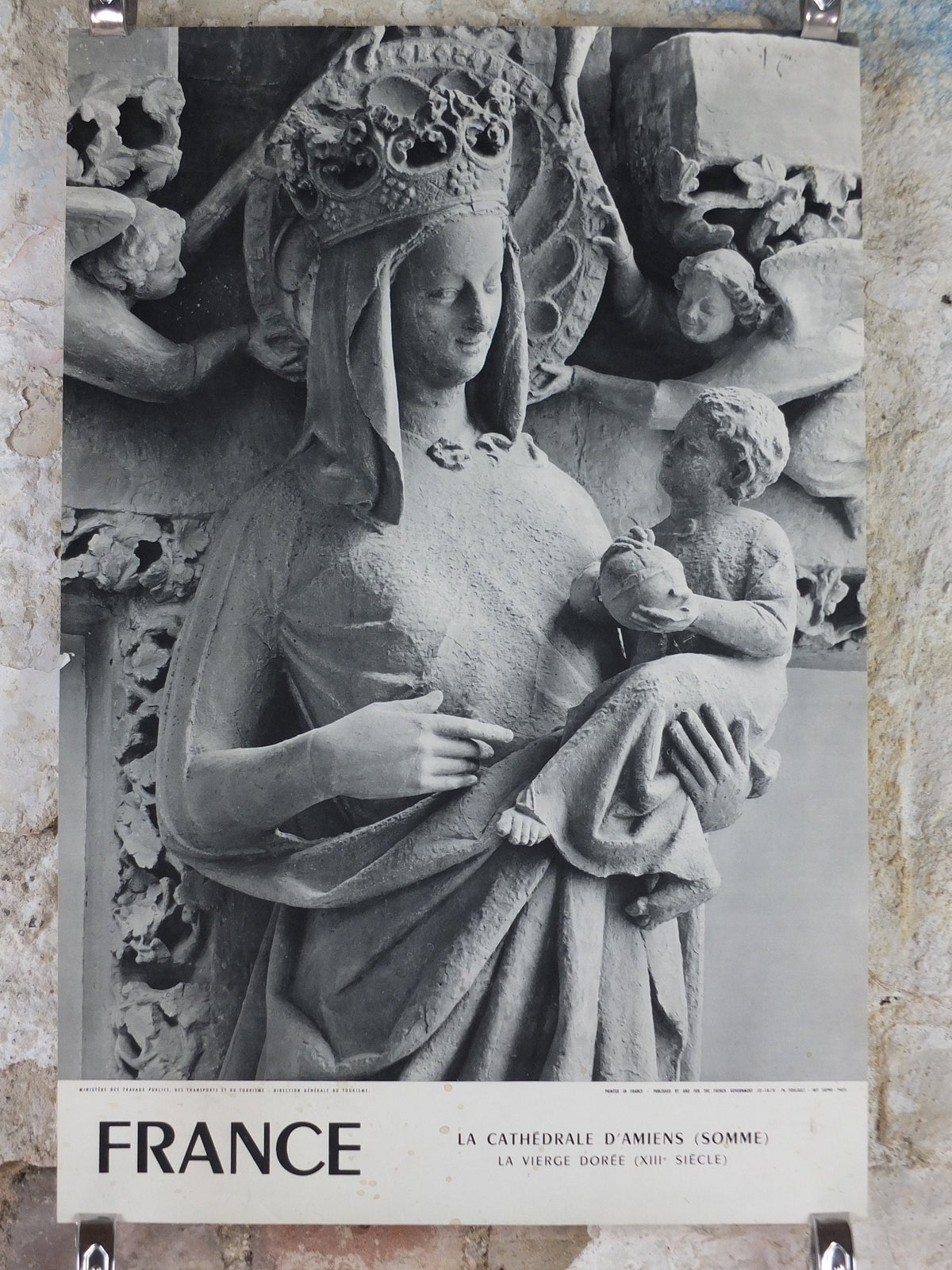 1960s Amiens Cathedral Poster, Mary and baby Jesus statue, France, travel wall art decor