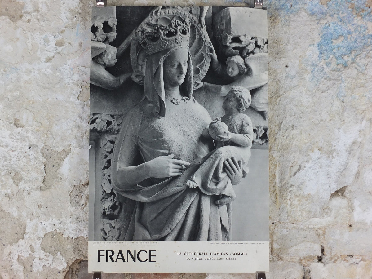 1960s Amiens Cathedral Poster, Mary and baby Jesus statue, France, travel wall art decor