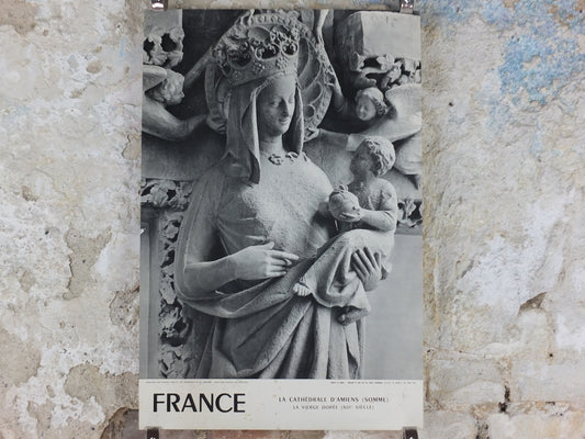 1960s Amiens Cathedral Poster, Mary and baby Jesus statue, France, travel wall art decor