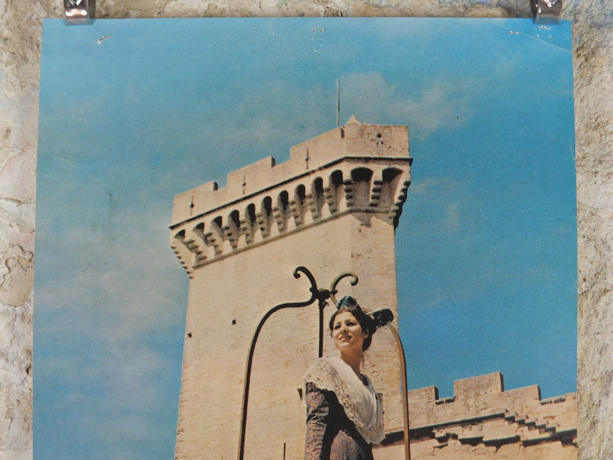 1960s Château de Beaucaire Nimes Poster, young lady in front of medieval castle, France, travel wall art decor