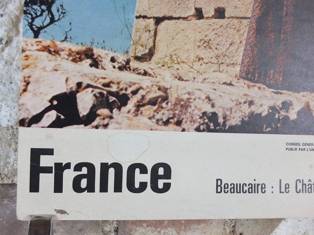 1960s Château de Beaucaire Nimes Poster, young lady in front of medieval castle, France, travel wall art decor