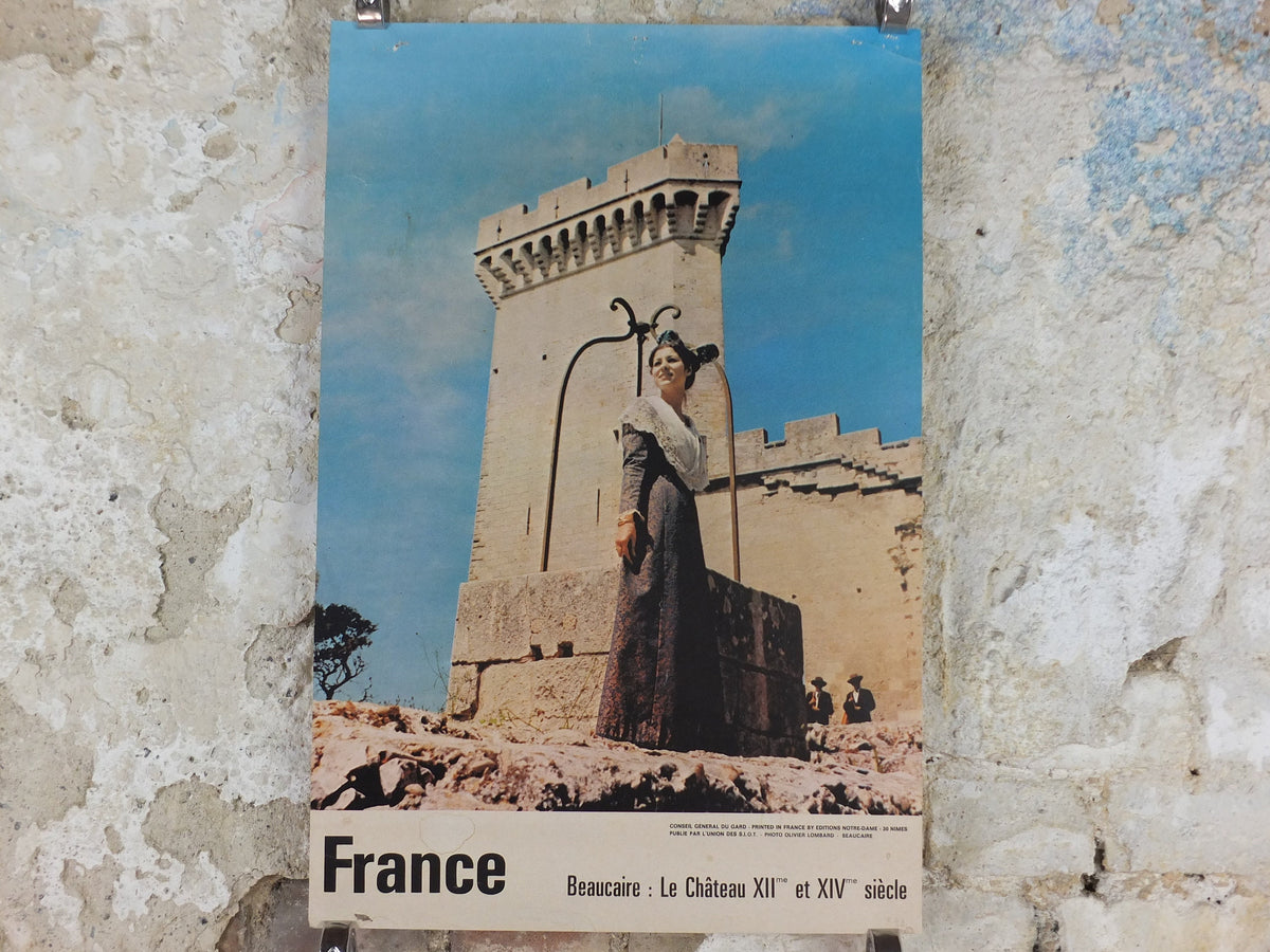 1960s Château de Beaucaire Nimes Poster, young lady in front of medieval castle, France, travel wall art decor
