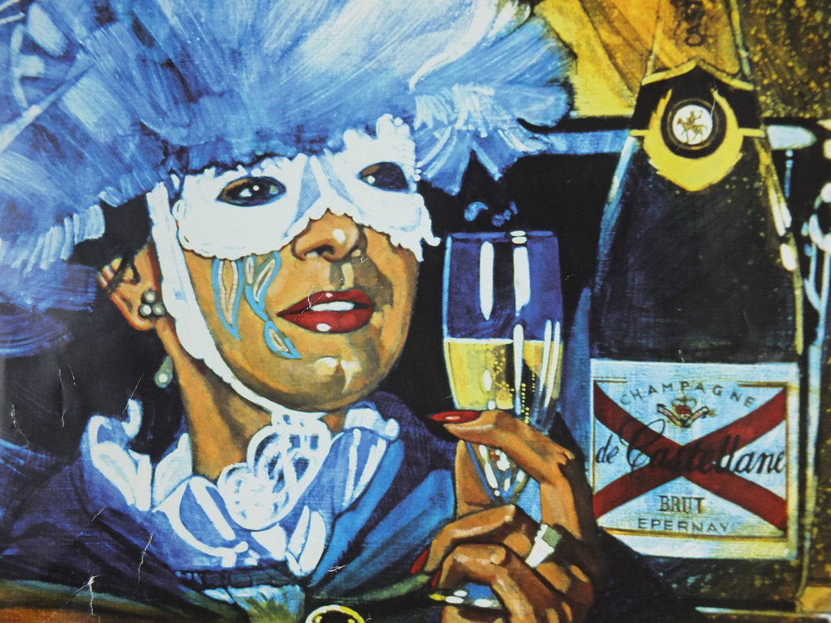 1990s Champagne de Castellane Poster, Masquerade ball, Epernay France, Viticulture print wall art decor