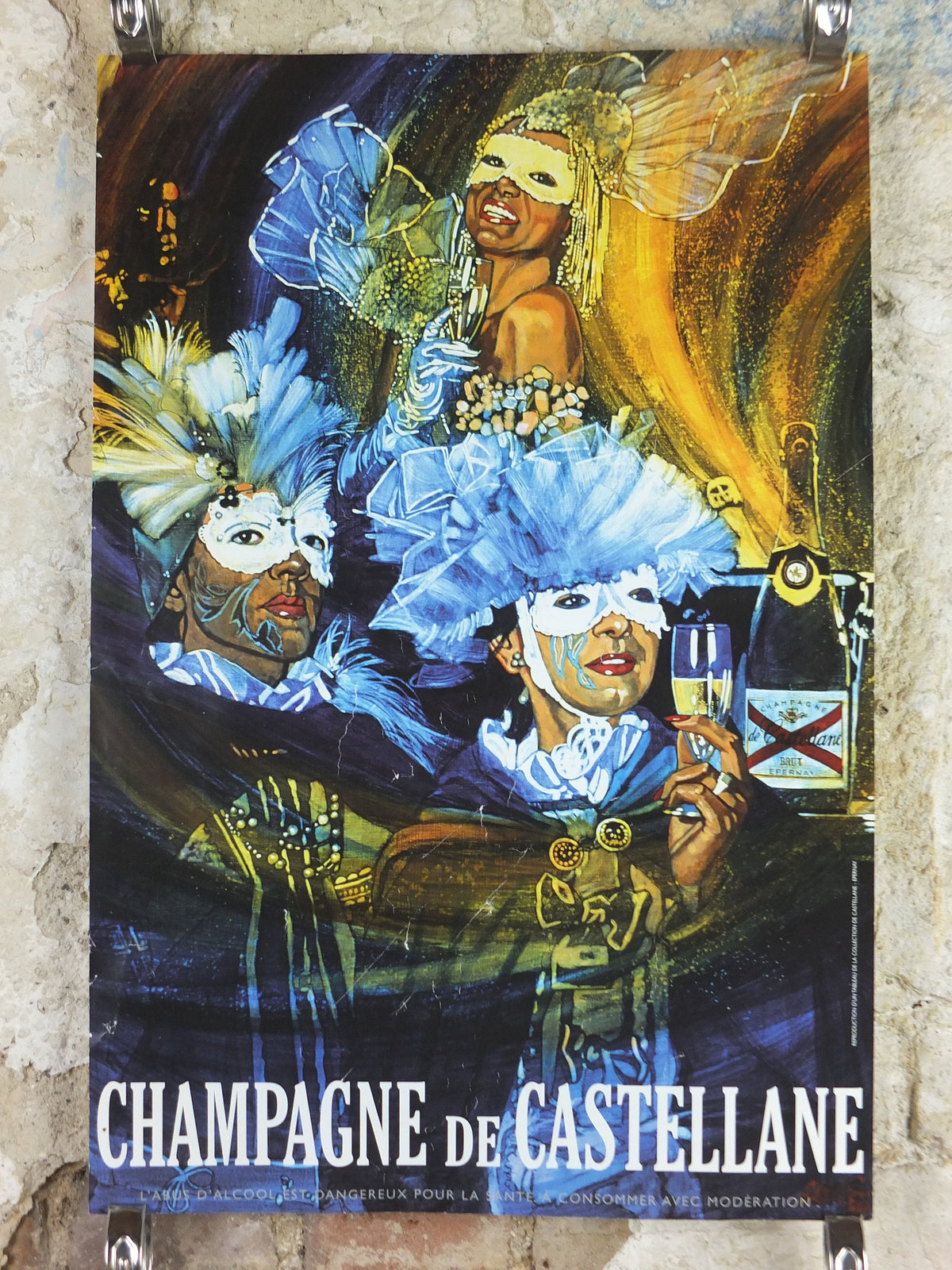 1990s Champagne de Castellane Poster, Masquerade ball, Epernay France, Viticulture print wall art decor