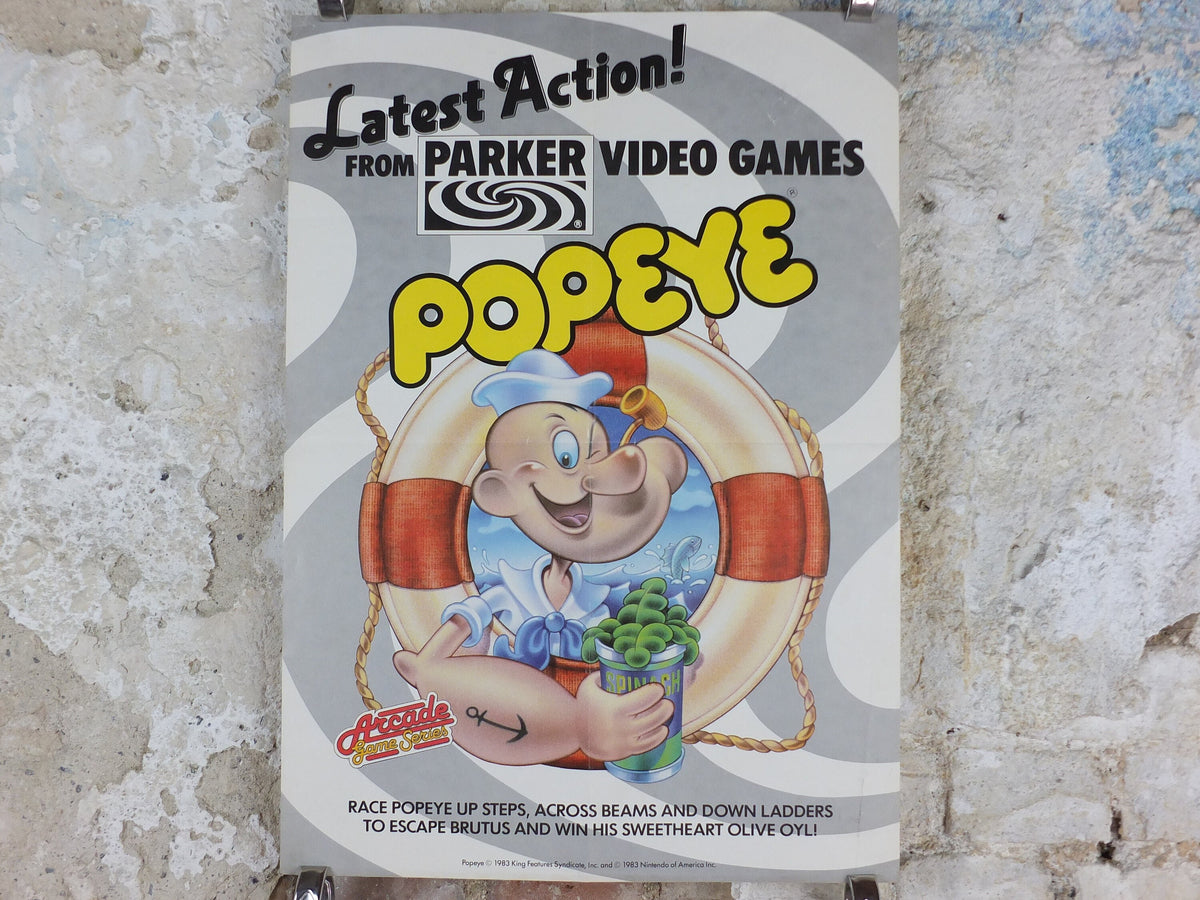 1983 Popeye the Sailor Man Poster, computer game from Parker Video Games by E. C. Segar, comic wall art decor