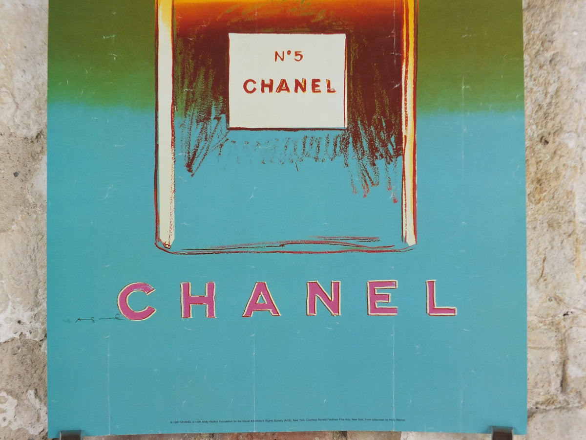 1997 No 5 Chanel Poster, by Andy Warhol, perfume bottle, cosmetics, from Selfridges advertising, bold green and blue, pop art wall art decor