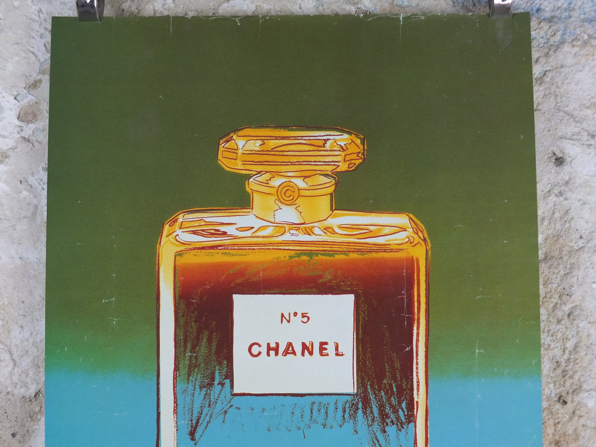 1997 No 5 Chanel Poster, by Andy Warhol, perfume bottle, cosmetics, from Selfridges advertising, bold green and blue, pop art wall art decor