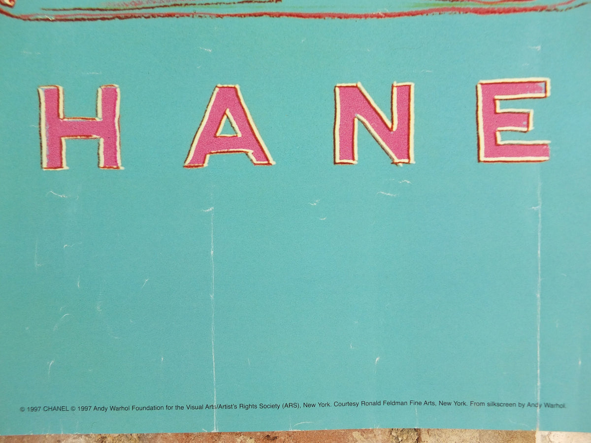 1997 No 5 Chanel Poster, by Andy Warhol, perfume bottle, cosmetics, from Selfridges advertising, bold green and blue, pop art wall art decor