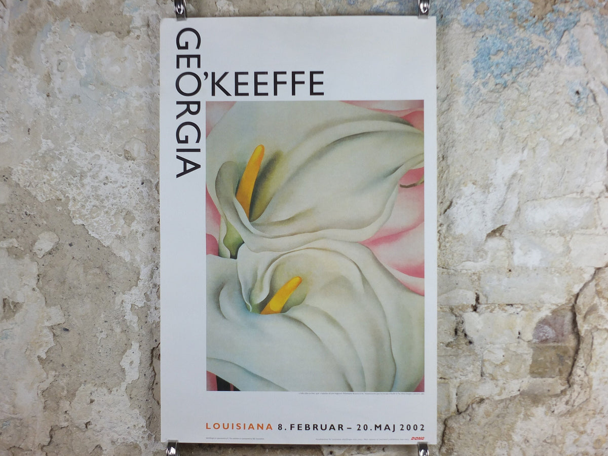 2002 Georgia O'Keeffe Poster, Two Calla lilies on Pink 1928, American modernism, Precisionism, gallery exhibition wall art decor