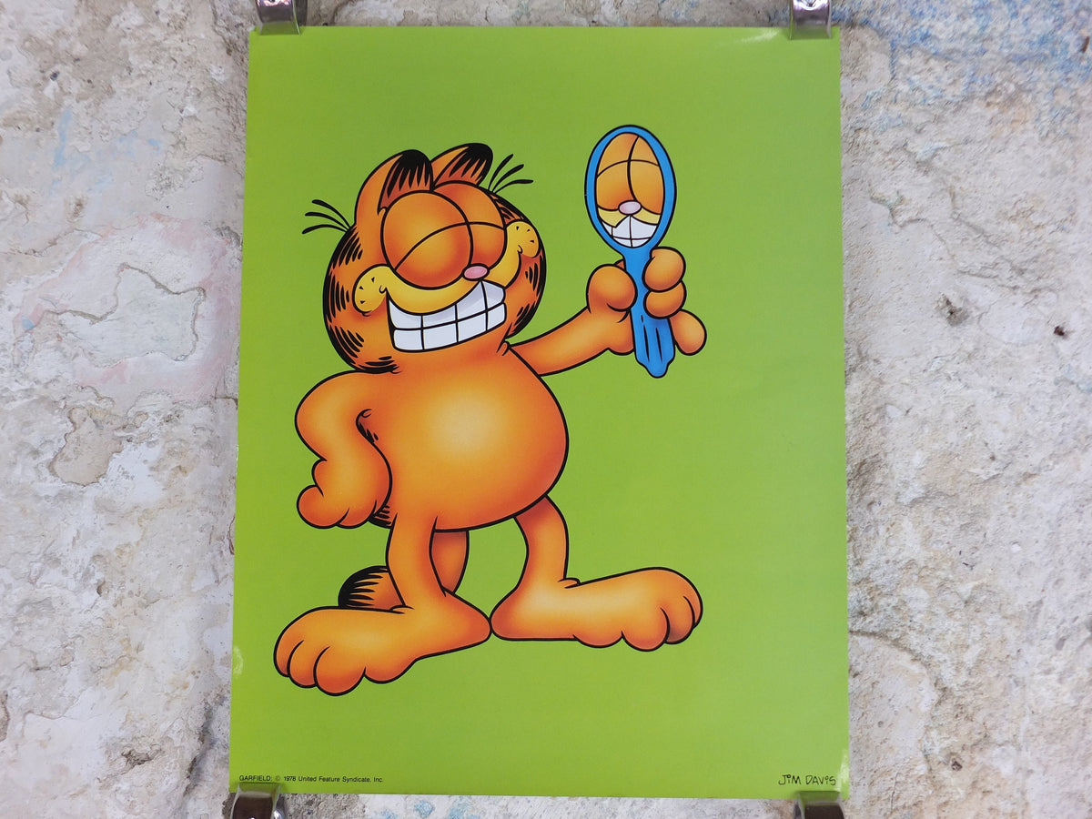 1978 Garfield Poster, Garfield with a Mirror, by Jim Davis, colourful print wall art retro decor