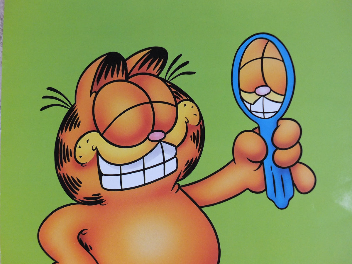 1978 Garfield Poster, Garfield with a Mirror, by Jim Davis, colourful print wall art retro decor