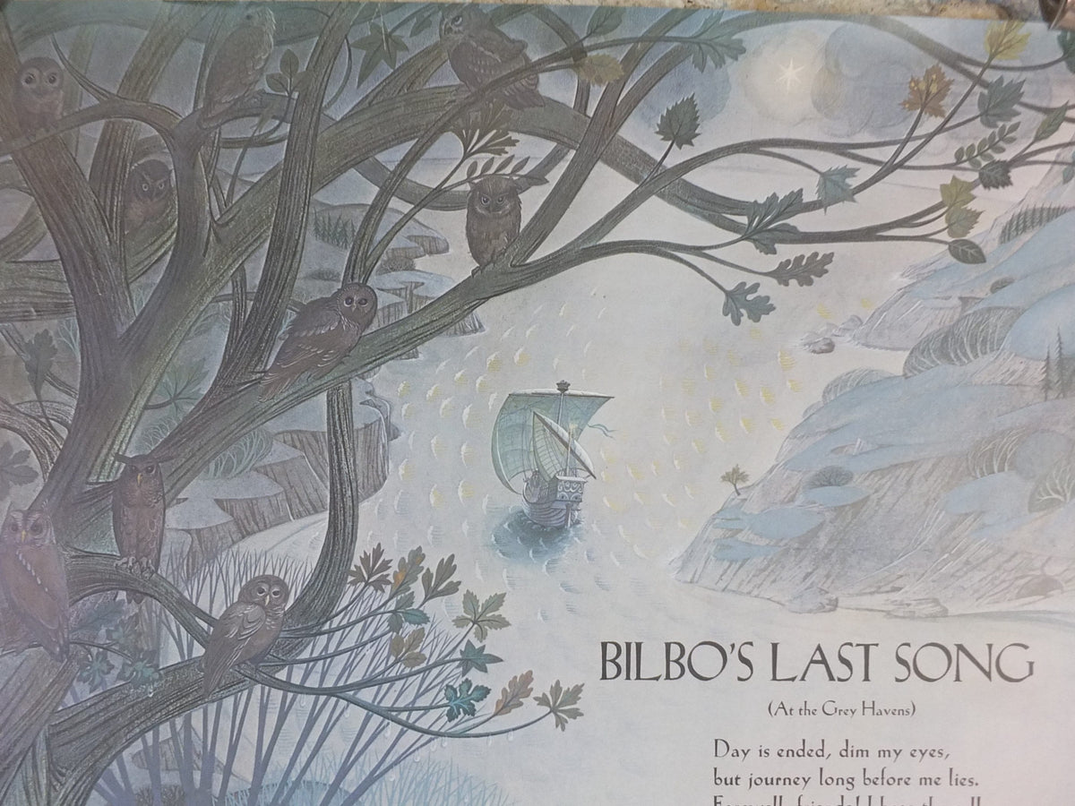 1979 Pauline Baynes Bilbo's Last Song Poster, J.R.R. Tolkien, Lord of the Rings, The Hobbit, Gray Havens, fantasy wall art decor
